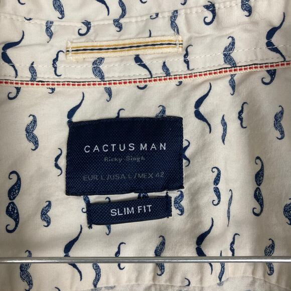 Cactus Man Button Shirt L Slim Fit White Blue Short Sleeve Mustaches Handlebar - Picture 4 of 12